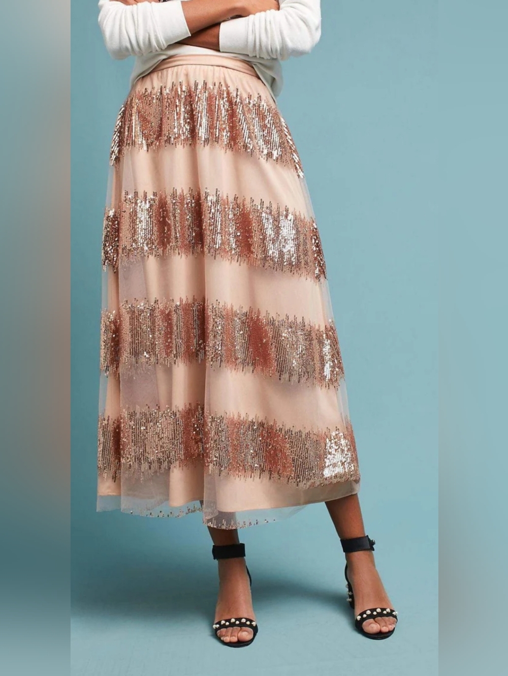 Eva Franco Sequin Stripe Midi Skirt Blush Pink | Size 0